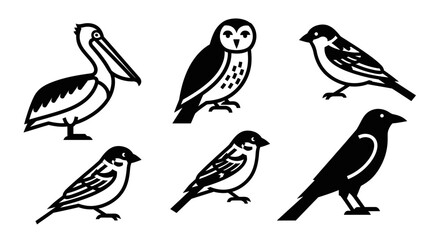 Obraz premium Diverse Bird Silhouettes Set: Graphic Pelican, Owl, Sparrow, and Crow Icons