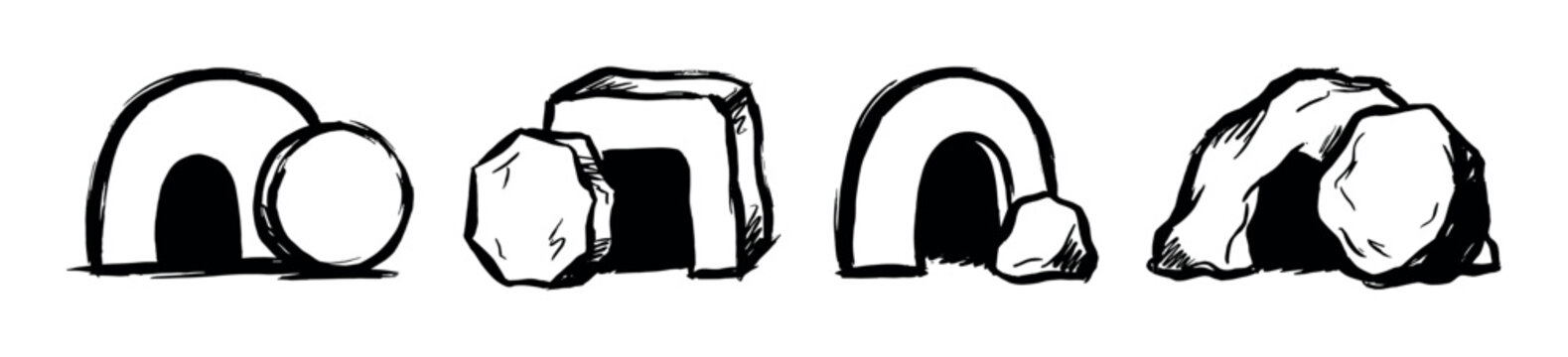 Hand-drawn set of empty tomb illustrations with the stone rolled away, depicted in a simple black and white brush stroke style as a symbol of the resurrection