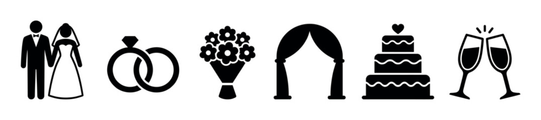 Fototapeta na wymiar Set of black wedding and marriage icons featuring a bride and groom, rings, bouquet, ceremony arch, tiered cake, and clinking glasses, presented in a clean, minimalist silhouette style