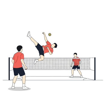 Sepak Takraw Players Competing Over Net with Acrobatics
