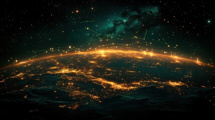 Obraz premium Global Digital Network Overlays Earth City Lights at Night network night planet globe space data map