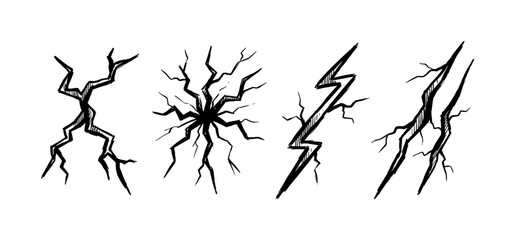 Naklejka premium Hand-drawn black crack and lightning bolt illustrations in a sketchy doodle style showing surface damage, impact, and destruction, a set of four graphic elements