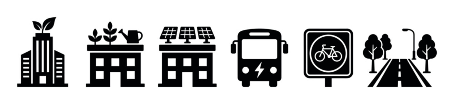 Collection of black silhouette icons for sustainable urban living, including green buildings, rooftop gardens, solar power, an electric bus, and a bicycle lane sign