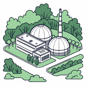 Illustration of a nuclear power plant with domed structures and a tall chimney surrounded by trees and greenery
