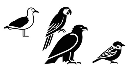 Obraz premium Diverse Bird Species Silhouettes Collection: Seagull, Parrot, Eagle, Sparrow Icons