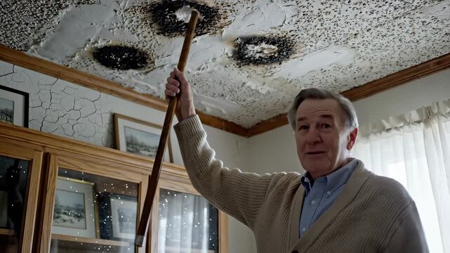 Senior man inspects ceiling damage in his home. The ceiling has mold and water damage. This man pokes the damage with a stick. His home needs urgent repair. This man is worried about his home.
