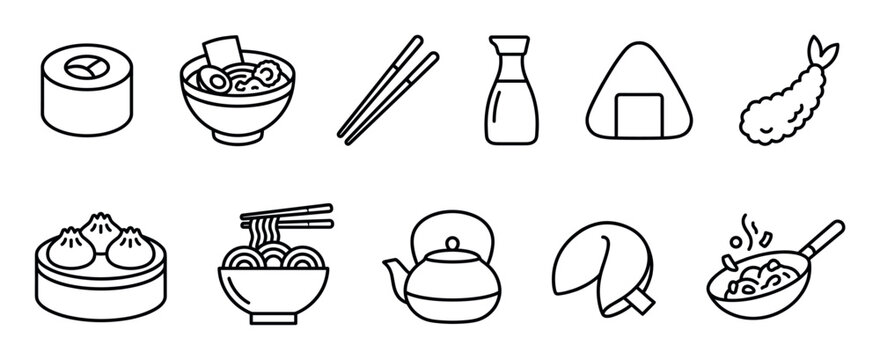 Collection of Asian food line icons featuring sushi, ramen, noodles, dumplings, tempura, and onigiri in a minimalist black and white vector illustration for a restaurant menu