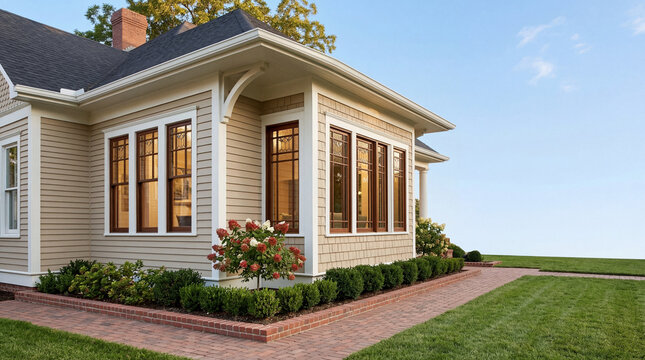 Exterior corner of a contemporary home featuring tan siding, large windows, manicured landscaping.