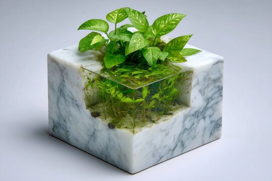 Minimalist cube aquarium rests on white marble