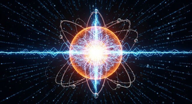 Quantum physics atom and nuclear energy research. Scientific molecular structure and particle physics. Glowing blue protons and electrons orbiting a central power core in dark space