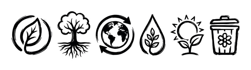 Set of black hand-drawn ecology icons representing sustainability, recycling, nature, and environmental conservation, illustrated in a rough brush stroke artistic style