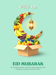 Vibrant Eid Mubarak celebration with food box and lantern