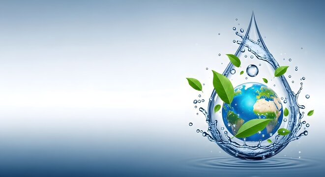 Earth encapsulated in a water droplet with leaves