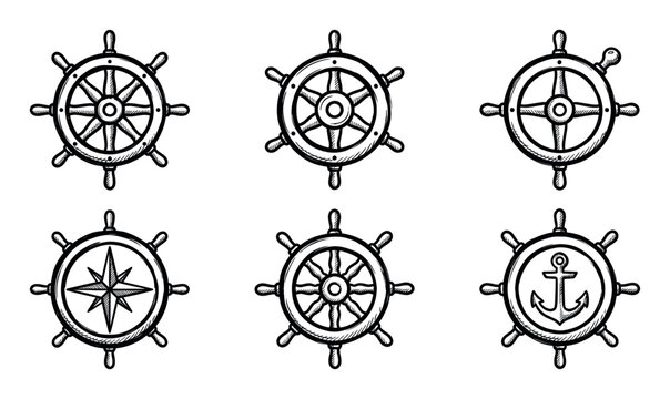 Set of six hand-drawn ship's wheels in a vintage sketch style, featuring various nautical symbols like an anchor and a compass rose for maritime and sailing themed designs