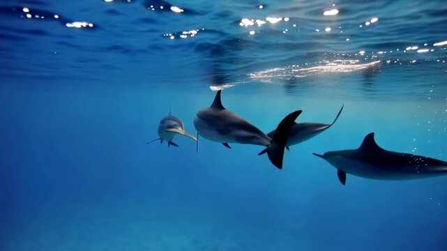 Pod of dolphins swimming gracefully underwater in clear blue ocean water with sunlight reflections on the surface