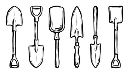 Set of six hand-drawn gardening shovels and spades in a simple black ink sketch style, showing various tool shapes for digging, planting, and landscaping work