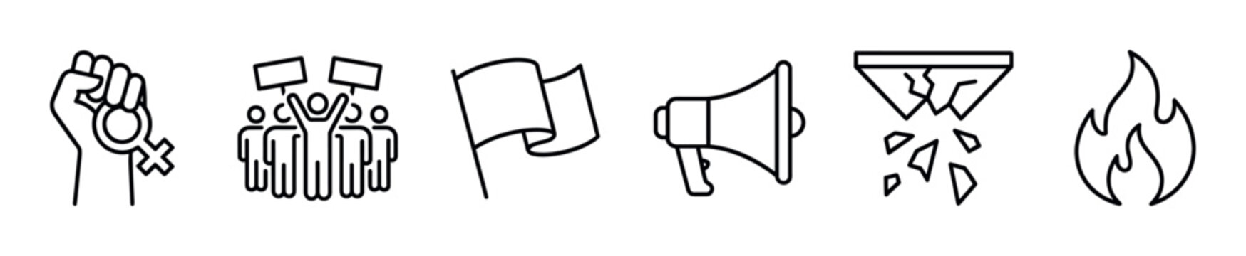 Protest and activism line art icon set representing feminism, social justice, and revolution with symbols like a raised fist, megaphone, and broken glass ceiling