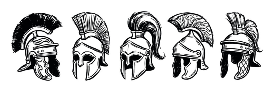 Collection of five ancient warrior helmets in a hand-drawn black and white ink sketch style, showcasing various Greek and Roman designs with plumes and crests