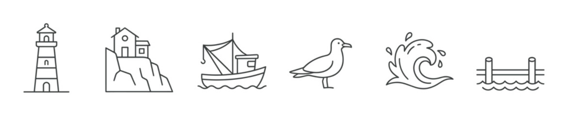 Set of six nautical themed line icons featuring a lighthouse, a house on a cliff, a fishing boat, a seagull, an ocean wave, and a pier, all in a simple minimalist outline style
