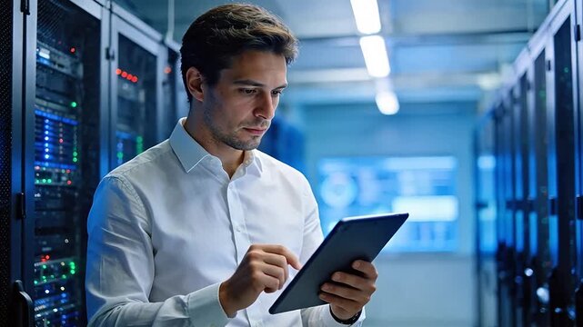 Man working with tablet in server room