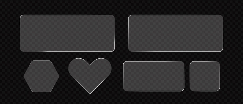 Glassmorphism UI Elements Set with Rounded Rectangles, Heart and Hexagon Vector Shapes