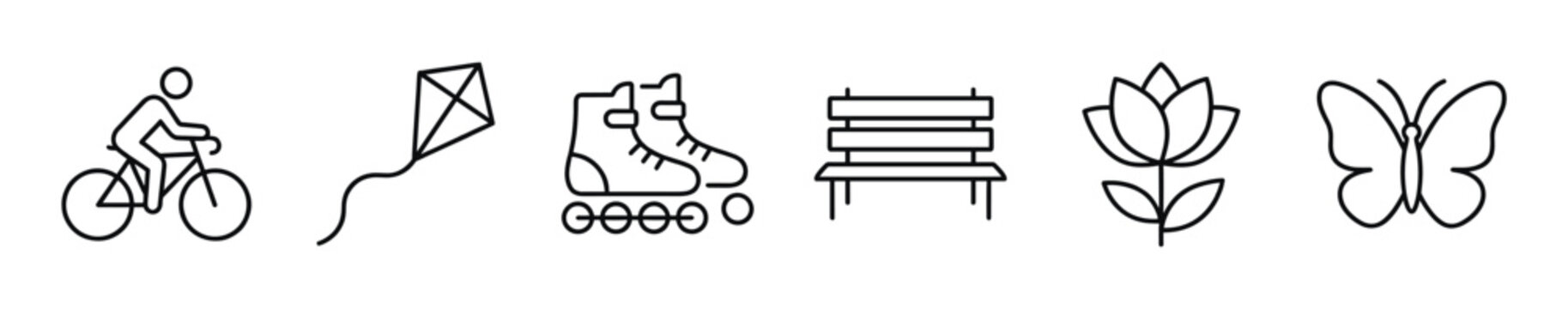 Set of black line art icons representing outdoor park activities and nature, including a cyclist, kite, roller skates, bench, flower, and a butterfly in a minimalist style