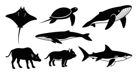Obraz premium Diverse Wildlife and Marine Animal Silhouettes Collection on White Background
