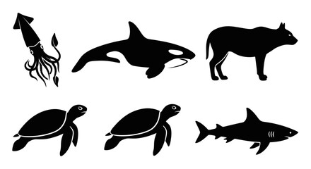 Fototapeta premium Diverse Wildlife Silhouettes: Ocean Creatures and Mammal Vector Collection
