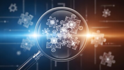 Business strategy analysis and problem solving innovation. Research and technical investigation. Magnifying glass zooming in on glowing digital puzzle pieces representing complex solutions