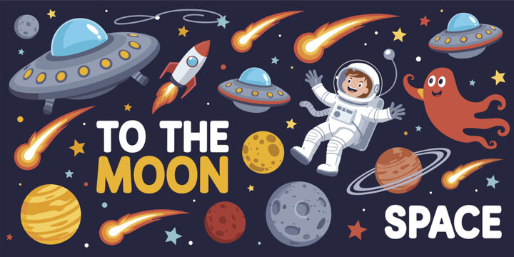Space adventure with astronaut UF Os and planets To The Moon text