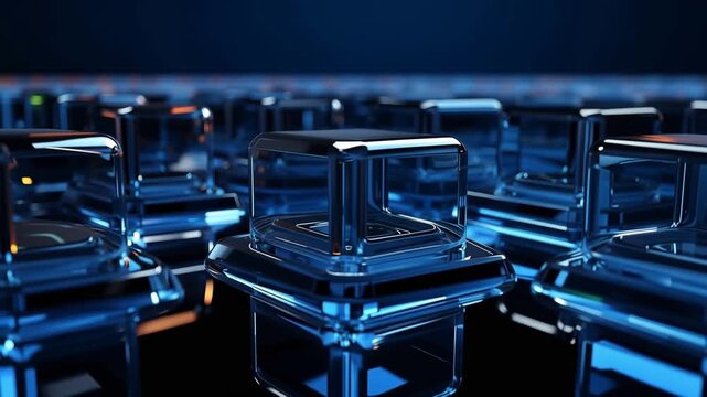 The clips show glass shapes reflecting light in a dark environment, highlighting their transparency and interaction with colors as they change over time.