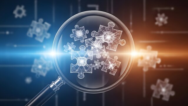 Business strategy analysis and problem solving innovation. Research and technical investigation. Magnifying glass zooming in on glowing digital puzzle pieces representing complex solutions
