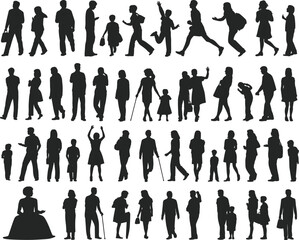 Black people silhouettes collection, diverse ages and poses, walking, standing, jumping, interacting, social dynamics vector illustration design artwork