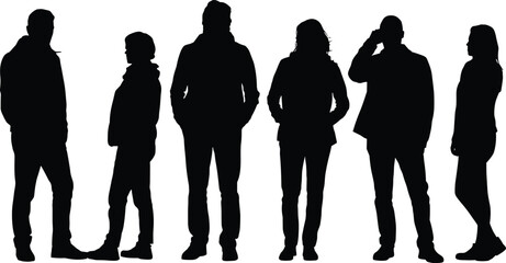 Black people silhouettes standing, casual and semi‑formal poses, diverse human figures, group dynamics, body language vector illustration design artwork © It's Sumi Here