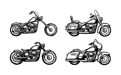 Naklejka premium Four classic custom motorcycle illustrations in a bold black and white hand-drawn sketch style, showing various models like chopper, cruiser, and bagger from a side view