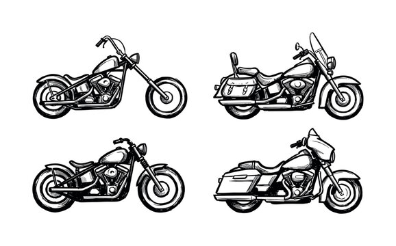 Four classic custom motorcycle illustrations in a bold black and white hand-drawn sketch style, showing various models like chopper, cruiser, and bagger from a side view