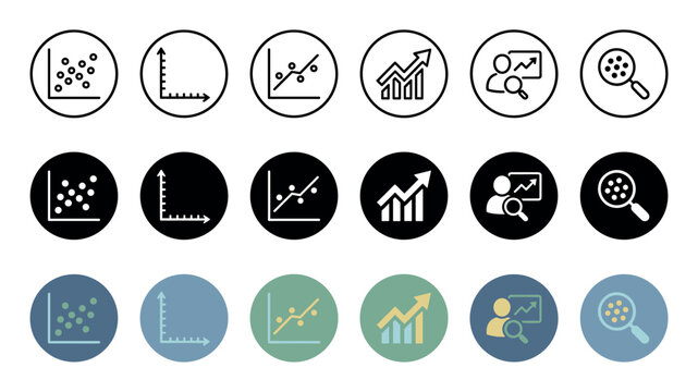 Data analytics and statistics icon set featuring various chart and graph symbols presented in outline, glyph, and flat color design styles for UI and infographic elements