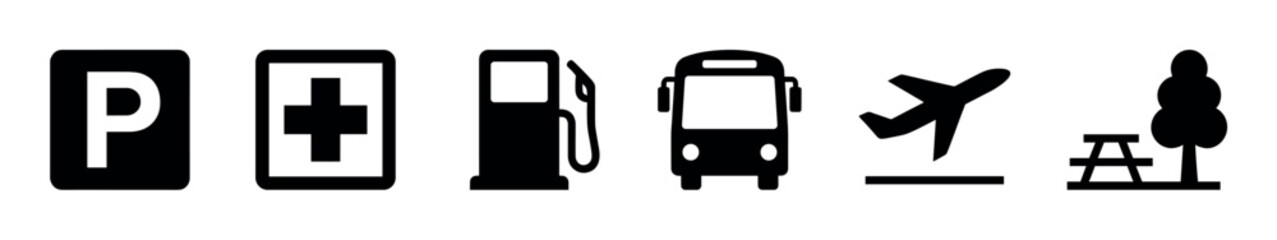 Obraz premium Set of black travel service icons representing parking, first aid, a gas station, bus transport, an airport, and a rest area, designed as simple pictograms for maps or signage
