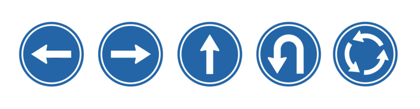 Set of blue circular road signs showing mandatory directions for traffic, including left, right, straight, u-turn, and roundabout symbols for driver information
