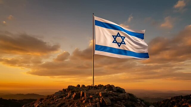 The majestic flag of Israel proudly waves atop a rugged mountain peak, illuminated by the golden hues of a breathtaking sunset, symbolizing national pride and enduring heritage