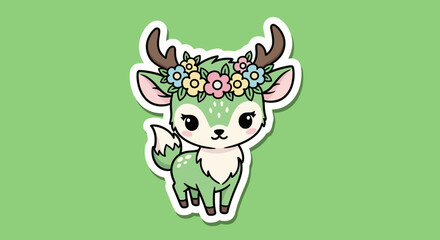 Fototapeta premium Cartoon Deer With Floral Crown Stands Against Solid Green Backdrop Brightly