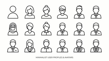 Fototapeta premium Minimalist line icons set of diverse professional user profiles including corporate executives and office employees, concept for web interface, team directory and business contact management