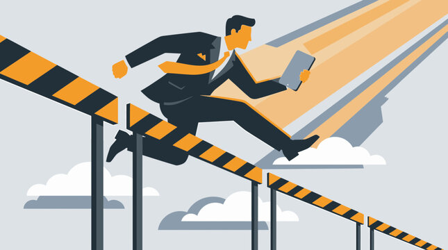 Successful corporate executive jumping over yellow hurdles while holding a tablet in minimalist vector illustration, concept for business challenge, career growth and leadership success