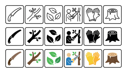 Naklejka premium Set of tree pruning and gardening icons in three different styles showing a saw, branch, leaves, gloves, and stump for instructional or informational design