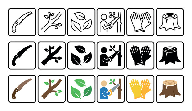 Set of tree pruning and gardening icons in three different styles showing a saw, branch, leaves, gloves, and stump for instructional or informational design