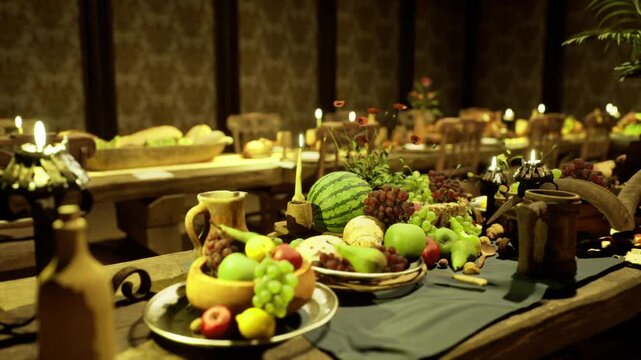 Bountiful fruit centerpiece overflowing with grapes, pears, watermelon and citrus, layered platters on sturdy table, festive banquet energy and colorful