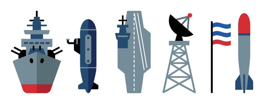 Set of military and naval icons featuring a battleship, submarine, aircraft carrier, radar tower, flag, and missile in a flat minimalist graphic design for defense concepts