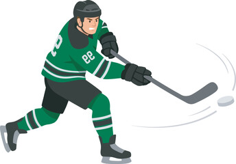 Fototapeta premium Flat vector illustration of a male ice hockey player in a green and black jersey taking a powerful slap shot. Ideal for winter sports branding, team logos, and athletic graphic design.