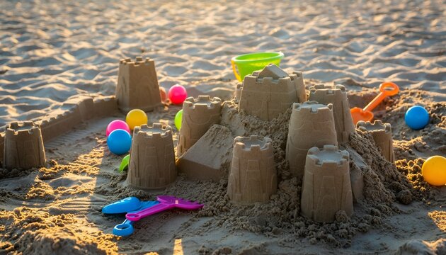 Sandcastle and beach toys in the sand on a sunny summer day at the beach