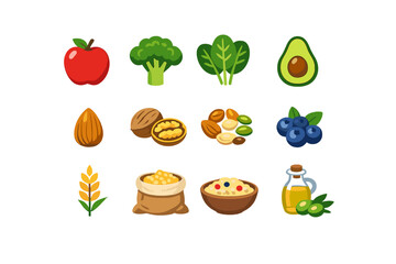 A collection of twelve flat vector icons representing healthy food items including fruits, vegetables, nuts, grains, and olive oil, all isolated on a solid black background.